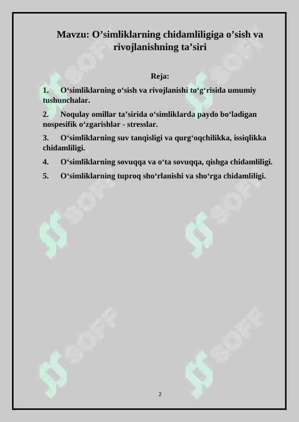 O’simliklarning chidamliligiga o’sish va rivojlanishning ta’siri
