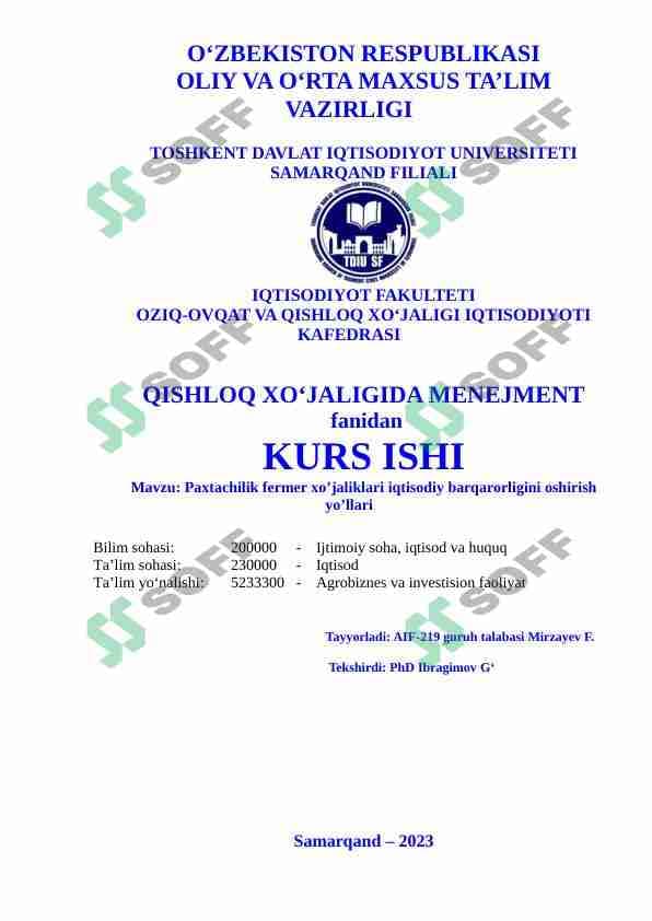 Paxtachilik fermer xo’jaliklari iqtisodiy barqarorligini oshirish yo’llari