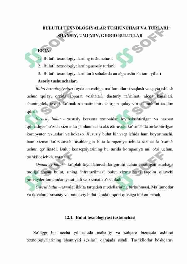 BULUTLI TEXNOLOGIYALAR TUSHUNCHASI VA TURLARI: SHAXSIY, UMUMIY, GIBRID BULUTLAR