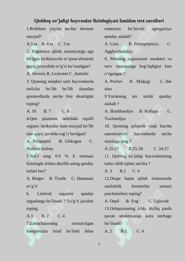 Qishloq xo’jaligi hayvonlar fiziologiyasi fanidan test savollari