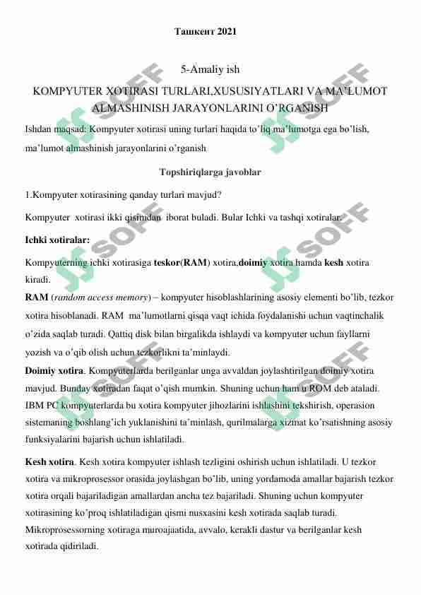 KOMPYUTER XOTIRASI TURLARI,XUSUSIYATLARI VA MA’LUMOT   ALMASHINISH JARAYONLARINI O’RGANISH