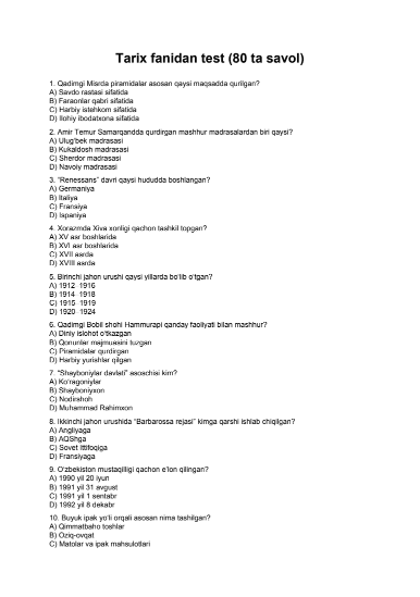 Tarixdan testlar