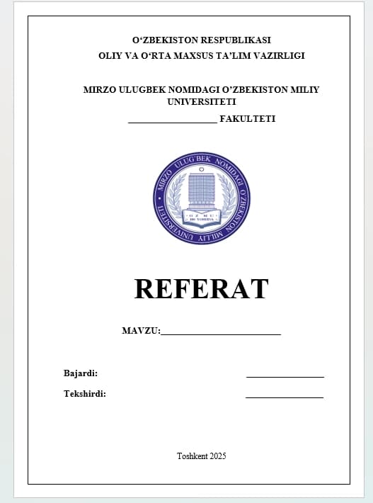 Referat yuzi uchun shablon Milliy Universitet logosi bilan