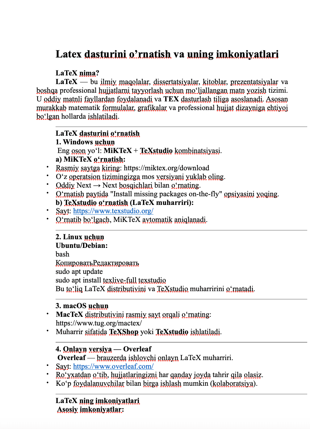 Latex dasturini o’rnatish va uning imkoniyatlari