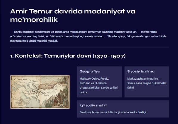 Amir Temur Davrida Madaniyat va Memorchilik