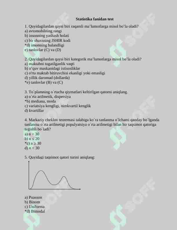 Statistika fanidan 150 talik test, javoblari bilan