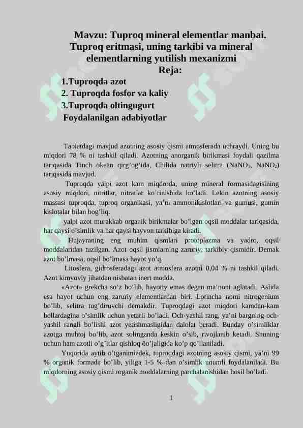 Tuproq mineral elementlar manbai. Tuproq eritmasi, uning tarkibi va mineral elementlarning yutilish mexanizmi