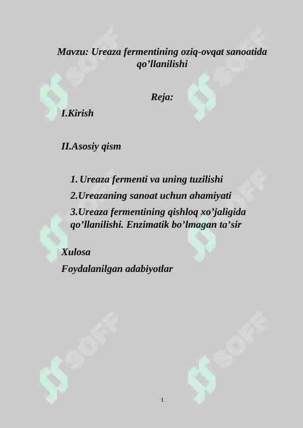Ureaza fermentining oziq-ovqat sanoatida qo’llanilishi