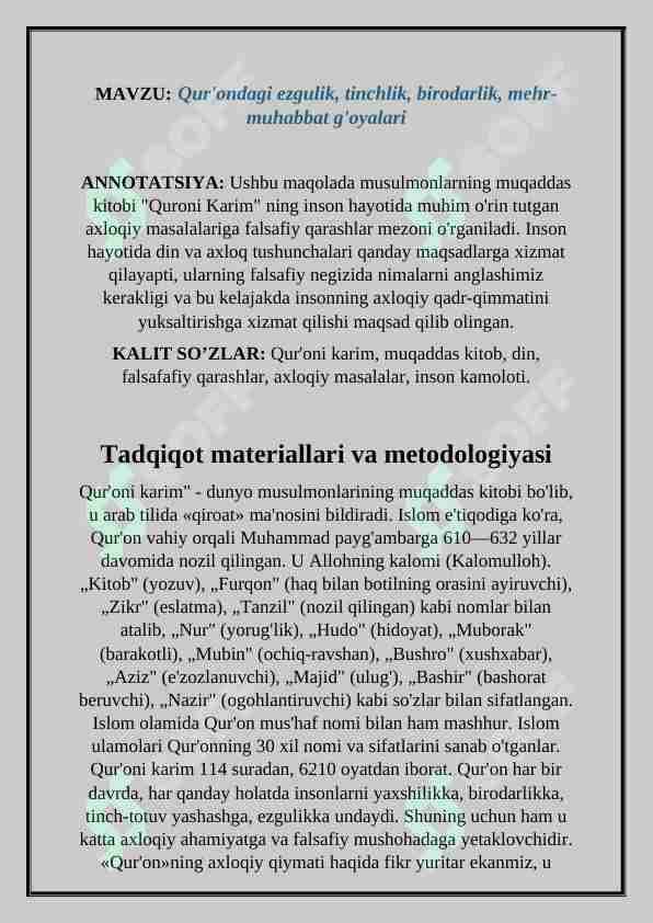 Qur'ondagi ezgulik, tinchlik, birodarlik, mehr-muhabbat g'oyalari