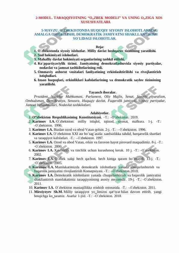 O`ZBEKISTONDA HUQUQIY SIYOSIY ISLOHOTLARNING AMALGA OSHIRILISHI, DEMOKRATIK JAMIYATNI SHAKLLANTIRISH YO`LIDAGI ISLOHOTLAR.