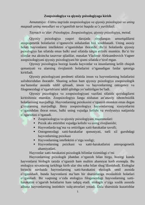 Zoopsixologiya va qiyosiy psixologiyaga kirish