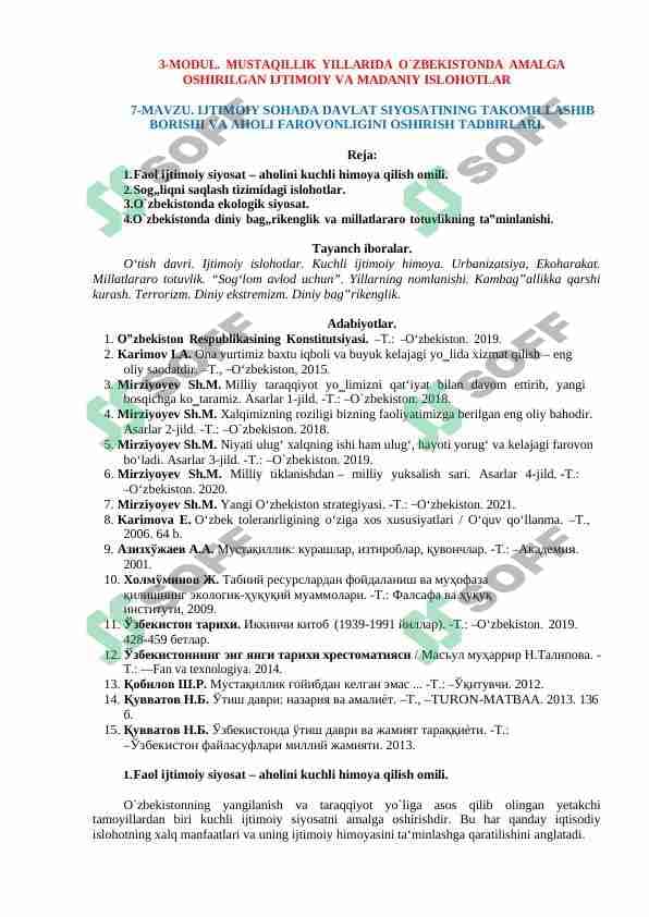 . IJTIMOIY SOHADA DAVLAT SIYOSATINING TAKOMILLASHIB BORISHI VA AHOLI FAROVONLIGINI OSHIRISH TADBIRLARI.