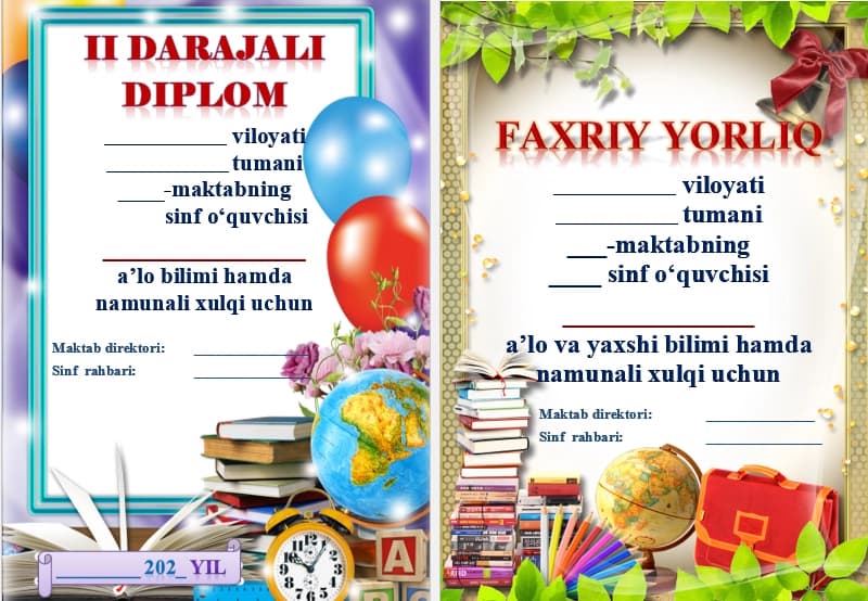 Faxriy yorliq, Tashakkurnoma, Maqtov yorlig'i, DIPLOM shablonlari 6 in 1, oltitasi bittada