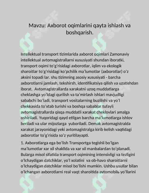 Intelektualtransport tizimlarida Axborot oqimlarini qayta ishlash va boshqarish.