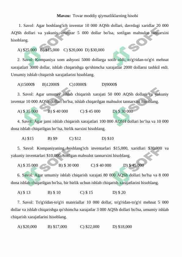Tovar moddiy qiymatliklarning hisobi. Test-javob