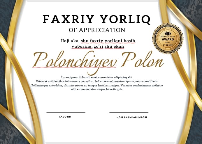 Faxriy yorliq shablon tayyori andoza