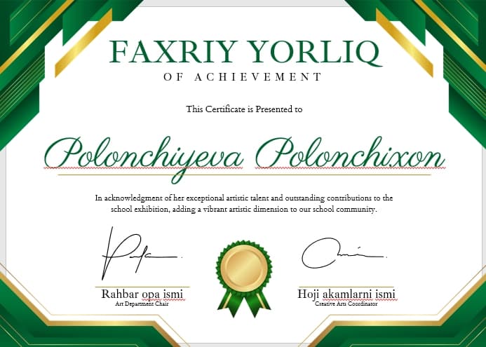 Faxriy yorliq shablon tayyori andoza