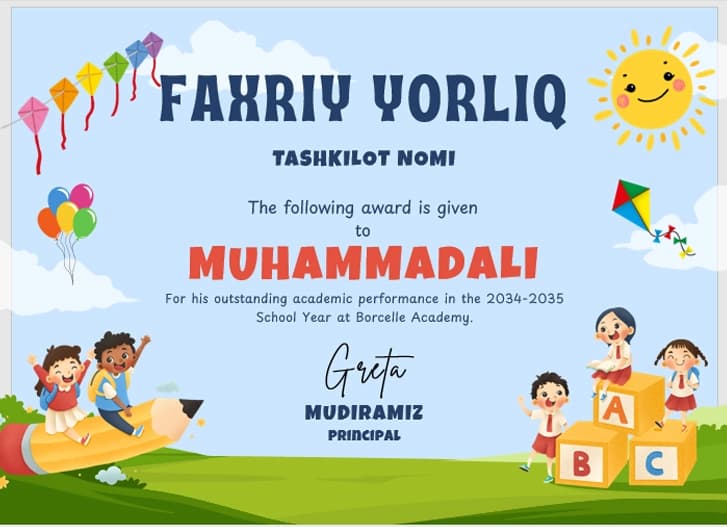 Faxriy yorliq shablon tayyori
