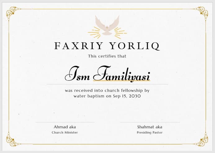 Faxriy yorliq shablon tayyori andoza