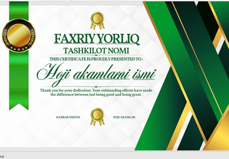 Faxriy yorliq shablon tayyori