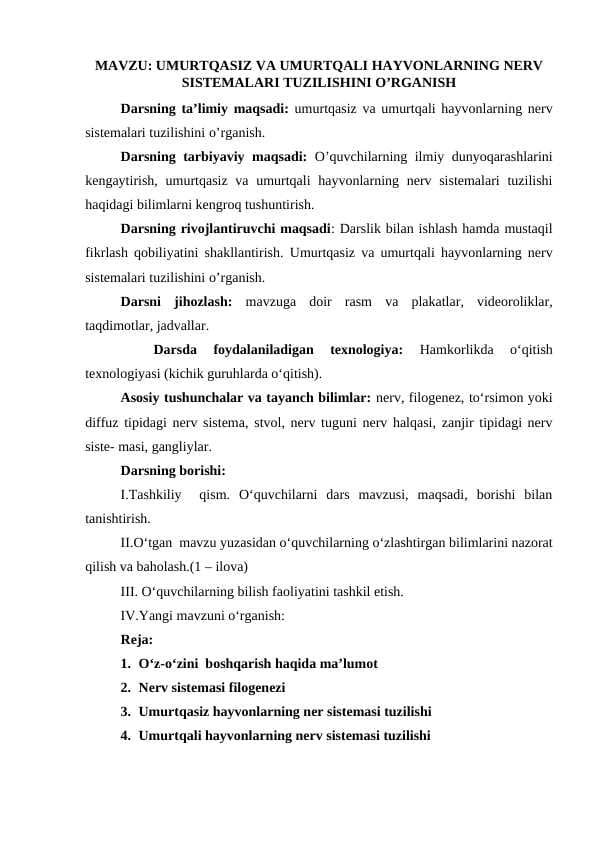 UMURTQASIZ VA UMURTQALI HAYVONLARNING NERV SISTEMALARI TUZILISHINI O’RGANISH