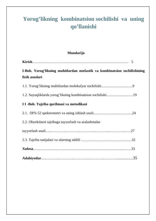 Yorug’likning  kombinatsion sochilishi  va  uning  qo’llanishi