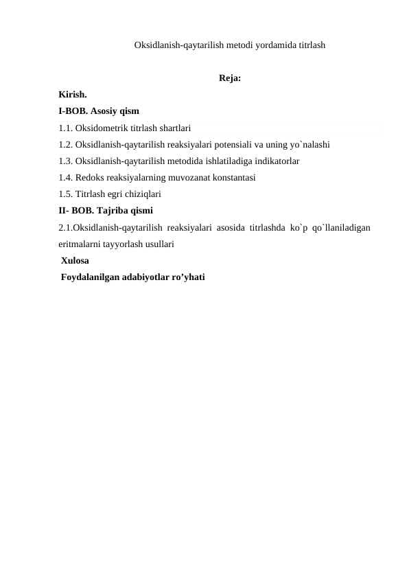 Oksidlanish-qaytarilish metodi yordamida titrlash