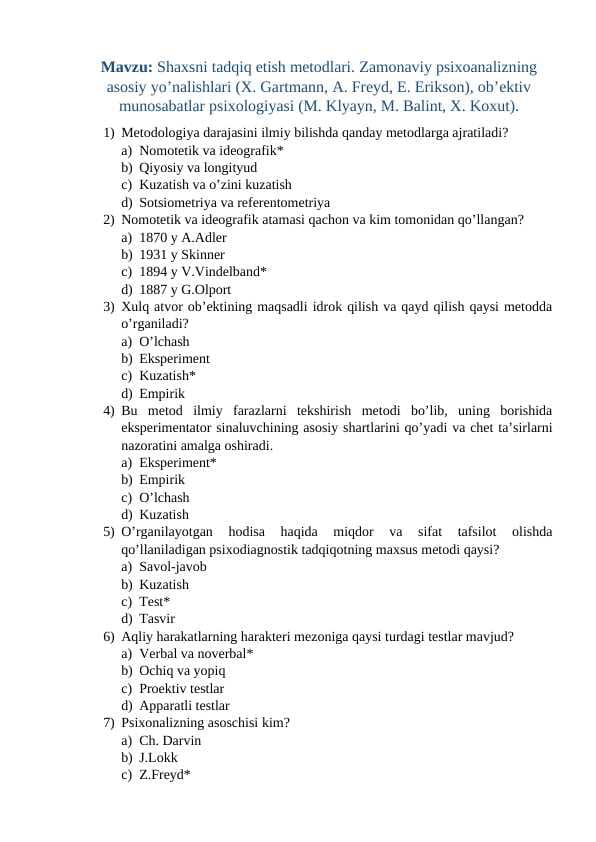 Shaxsni tadqiq etish metodlari mavzusida test savollar javoblari bilan