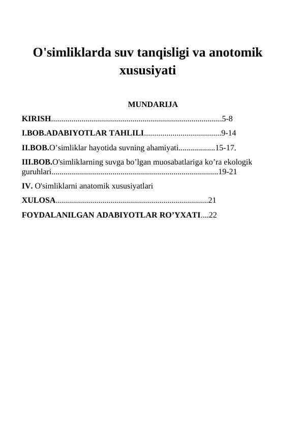 O'simliklarda suv tanqisligi va anotomik xususiyati