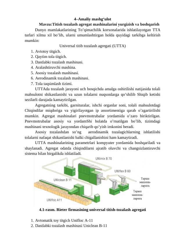 Titish tozalash agregat mashinalarini yurgizish va boshqarish
