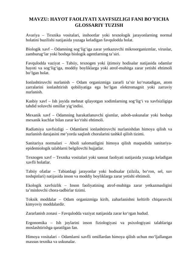 HAYOT FAOLIYATI XAVFSIZLIGI FANI BO'YICHA GLOSSARIY TUZISH