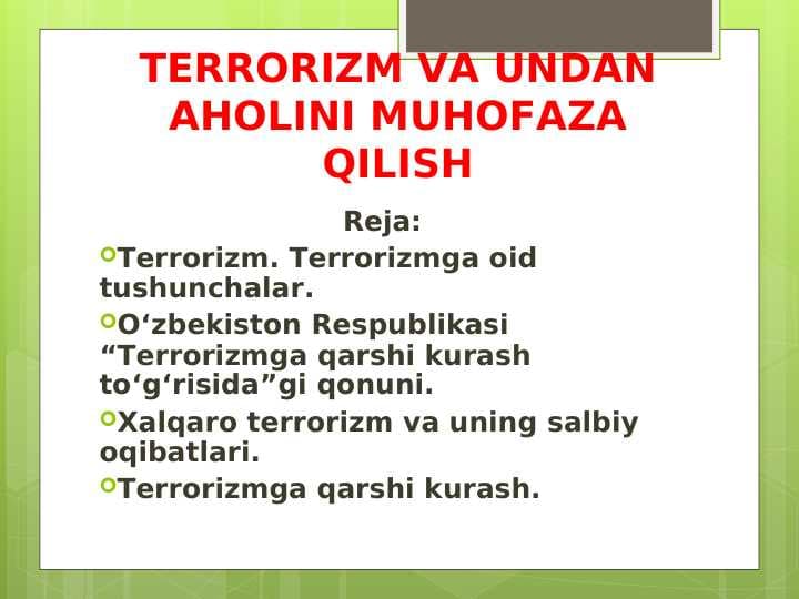 TERRORIZM VA UNDAN AHOLINI MUHOFAZA QILISH