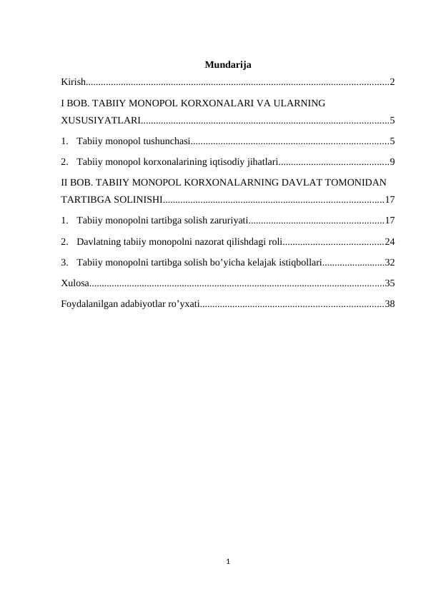 TABIIY MONOPOL KORXONALARI VA ULARNING XUSUSIYATLARI