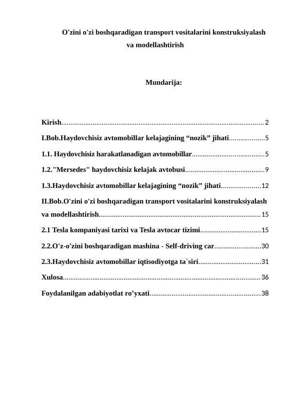 O'zini o'zi boshqaradigan transport vositalarini konstruksiyalash va modellashtirish