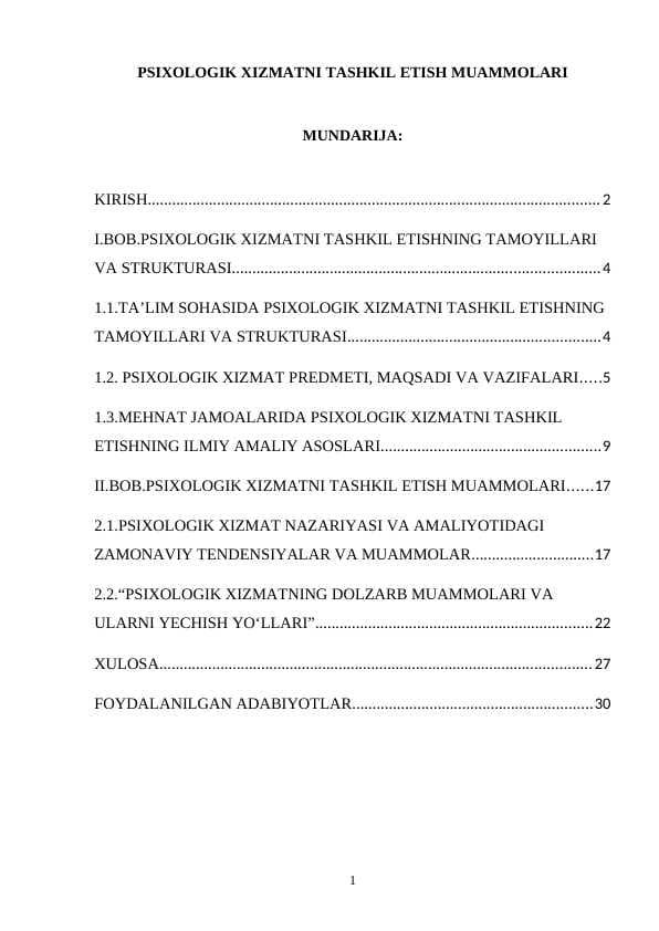 PSIXOLOGIK XIZMATNI TASHKIL ETISH MUAMMOLARI