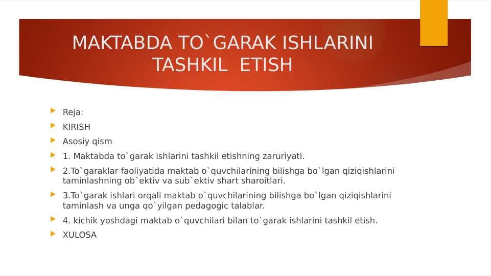 MAKTABDA TO`GARAK ISHLARINI TASHKIL  ETISH