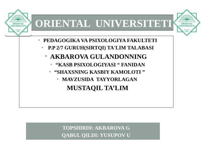 SHAXSNING KASBIY KAMOLOTI