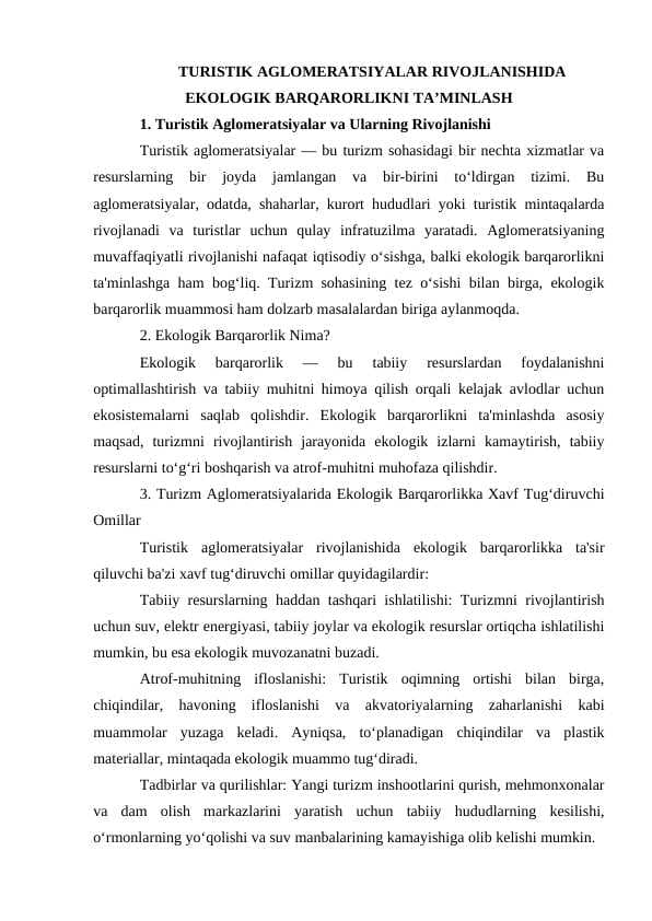 TURISTIK AGLOMERATSIYALAR RIVOJLANISHIDA EKOLOGIK BARQARORLIKNI TA’MINLASH. TEZIS