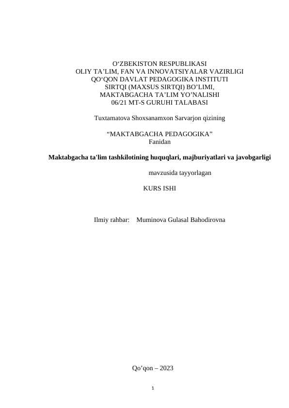 Maktabgacha ta'lim tashkilotining huquqlari, majburiyatlari va javobgarligi