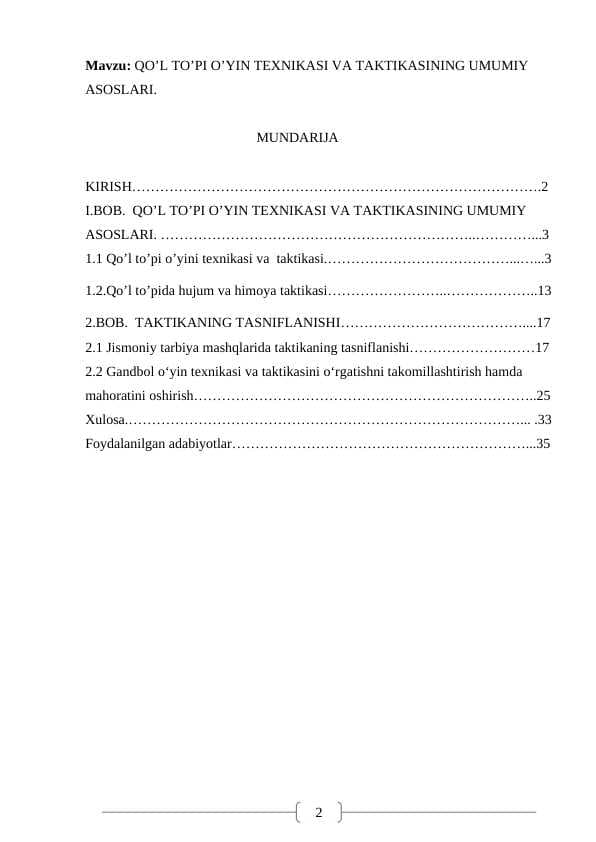 QO’L TO’PI O’YIN TEXNIKASI VA TAKTIKASINING UMUMIY ASOSLARI.