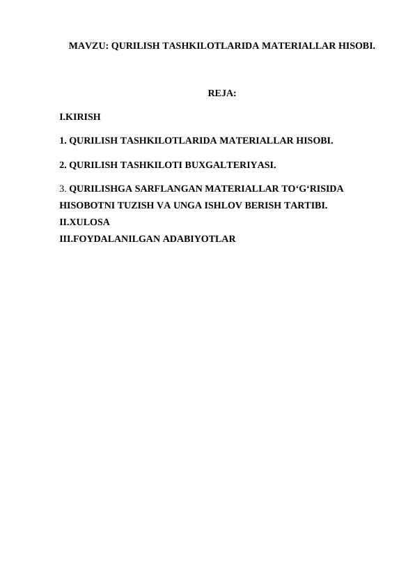 QURILISH TASHKILOTLARIDA MATERIALLAR HISOBI