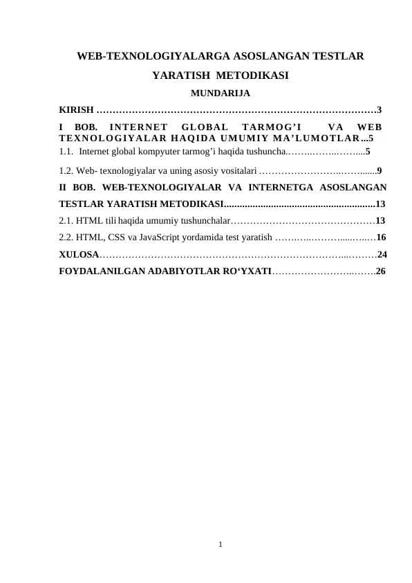 WEB-TEXNOLOGIYALARGA ASOSLANGAN TESTLAR YARATISH  METODIKASI