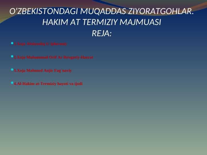 O'ZBEKISTONDAGI MUQADDAS ZIYORATGOHLAR. HAKIM AT TERMIZIY MAJMUASI