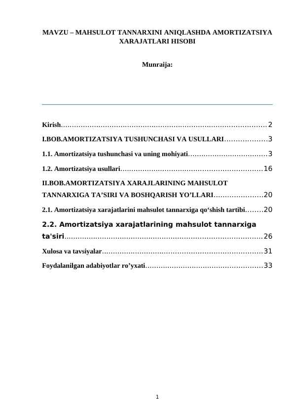 MAHSULOT TANNARXINI ANIQLASHDA AMORTIZATSIYA XARAJATLARI HISOBI