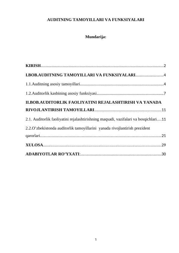 AUDITNING TAMOYILLARI VA FUNKSIYALARI