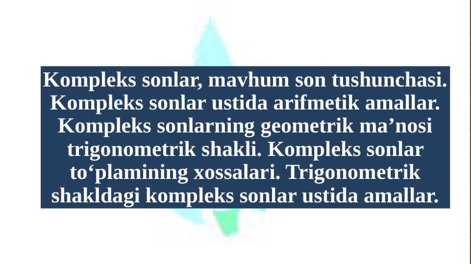 Kompleks sonlar, mavhum son tushunchasi. Kompleks sonlar ustida arifmetik amallar. Kompleks sonlarning geometrik maʼnosi trigonometrik shakli. Kompleks sonlar toʻplamining xossalari. Trigonometrik shakldagi kompleks sonlar ustida amallar.