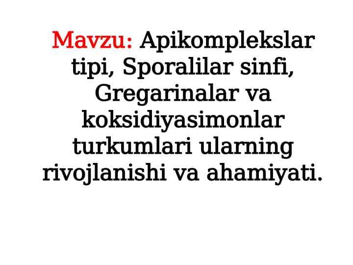 Apikomplekslar tipi, Sporalilar sinfi, Gregarinalar va koksidiyasimonlar turkumlari ularning rivojlanishi va ahamiyati