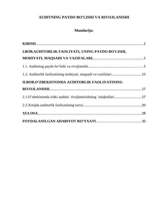 Auditning paydo bo’lishi va rivojlanishi Reja
