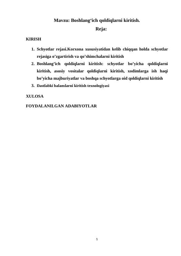 Boshlang‘ich qoldiqlarni kiritish