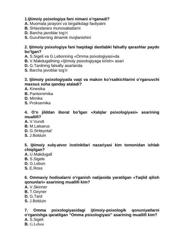 Ijtimoiy psixologiyadan 100ta test yakuniy